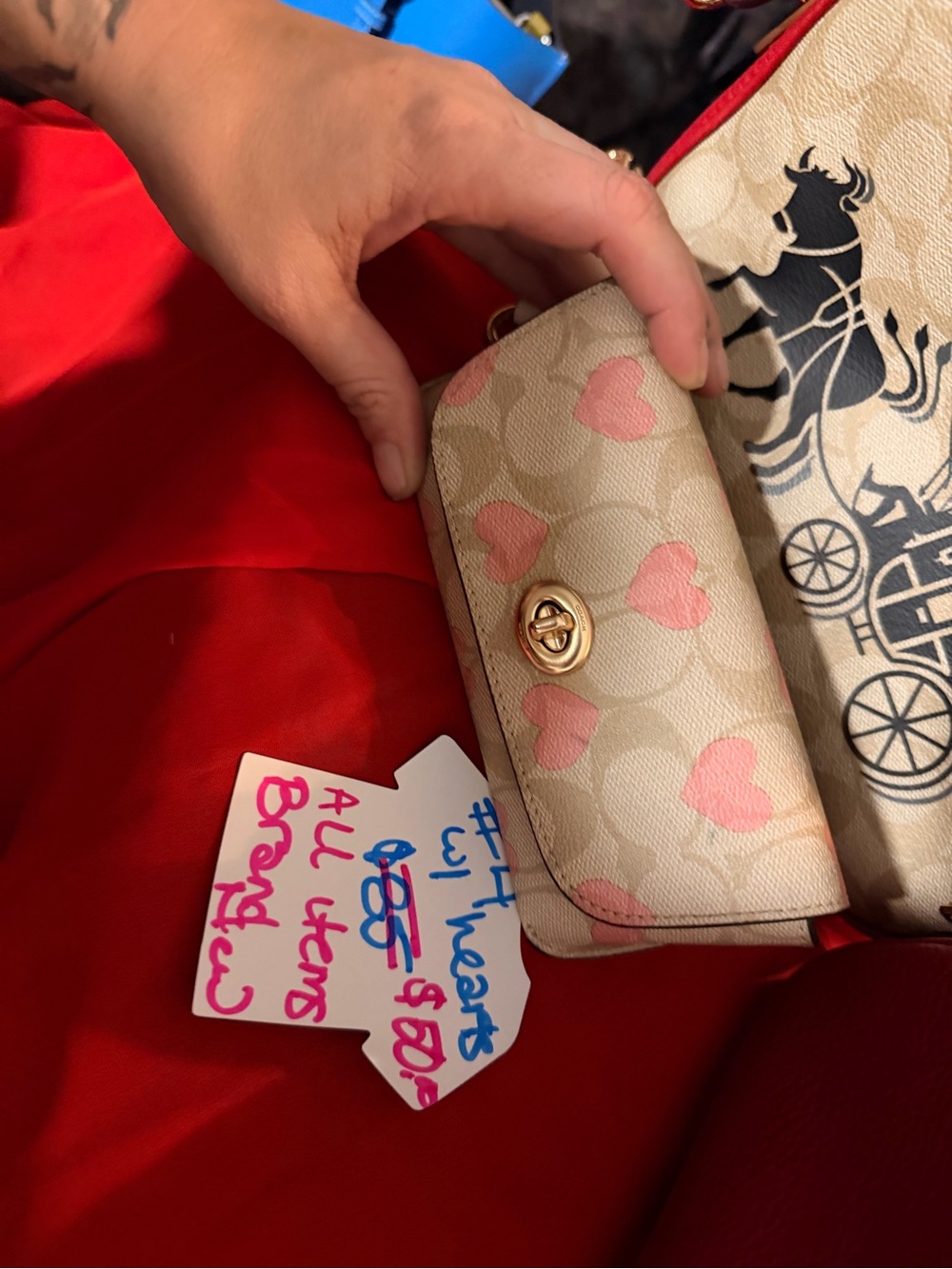 Coach Beige Signature Canvas Wallet with Pink Heart Print